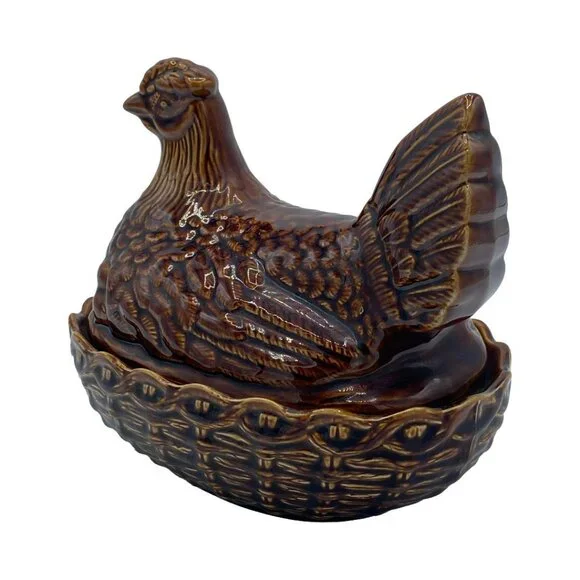 Vintage Portmeirion (?) Ceramic Hen on Nest w/2 Chicks Size 3-Medium MCM Brown - Picture 8 of 13